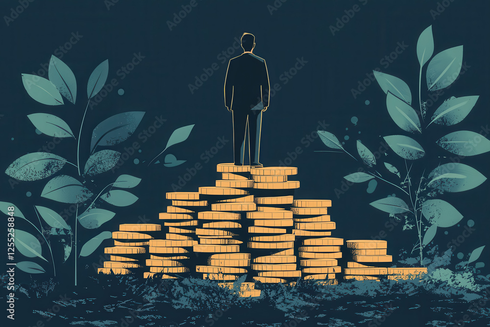 Poster man standing on top of a large pile of coins in a studio setting