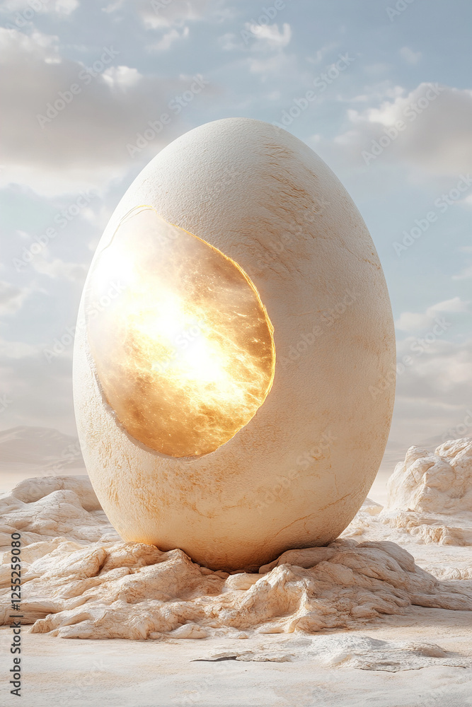 Wall mural An enormous sun-like Easter egg stands in a serene desert at sunset, radiating gentle warmth with golden solar flares dancing around its luminous surface, creating an enchanting atmosphere