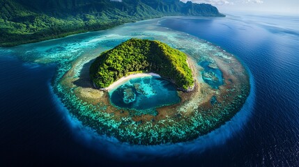 A Breathtaking Aerial View of a Tropical Island Paradise with Turquoise Waters and Lush Green Vegetation. Explore the Beauty of Coral Reefs and Pristine Beaches.  A Perfect Tropical Island Escape.