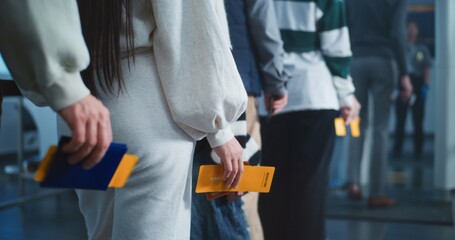 Airport Terminal: Queue of Diverse People, Tourists Standing for Metal Detector Scanning with...
