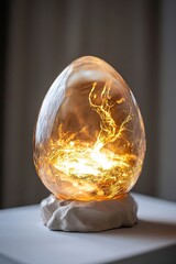 An enormous Easter egg shines like the sun, radiating gentle warmth. Golden solar flares move around its smooth surface, creating a mesmerizing display in a tranquil setting