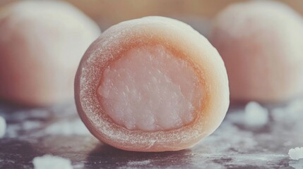Obraz premium A macro shot of a perfectly round daifuku, its soft mochi exterior slightly translucent, revealing the smooth filling inside.