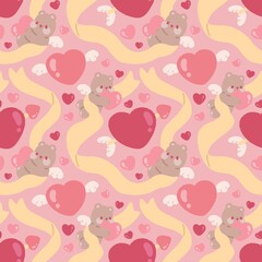 Seamless valentines day pattern with cupid grizzly bear, ribbon, arrow piercing a heart and heart with wings on pink background