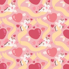 Seamless valentines day pattern with cupid cow, ribbon, arrow piercing a heart and heart with wings on pink background