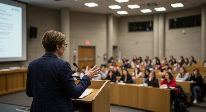 Speaker addressing audience in modern lecture hall with professional presentation setting