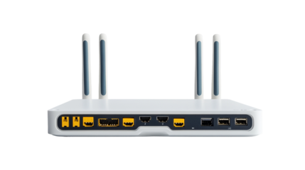 A white wireless router with antennas provides Wi-Fi internet access for network communication