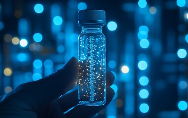Hand holding vial with glowing particles, laboratory setting, scientific research, possible use in educational materials