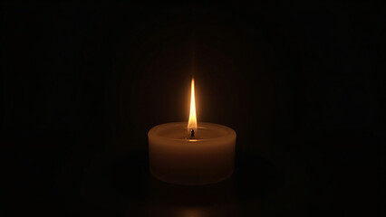 A single flickering candle in complete darkness, casting a soft glow and creating a sense of solitude and reflection