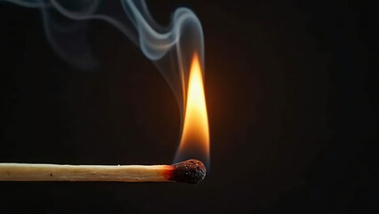 A macro shot of a burning matchstick with a bright, detailed flame and a thin trail of smoke curling into the air