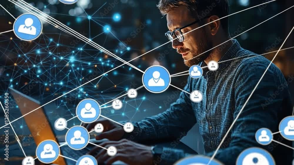 Poster networking innovation: a focused professional, immersed in the digital realm, engages with advanced 
