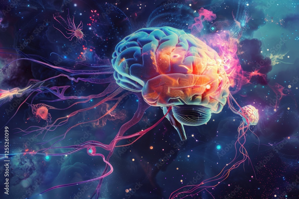 Aufkleber exploration of brain functions and neurotransmitters through conceptual art representing complex neu