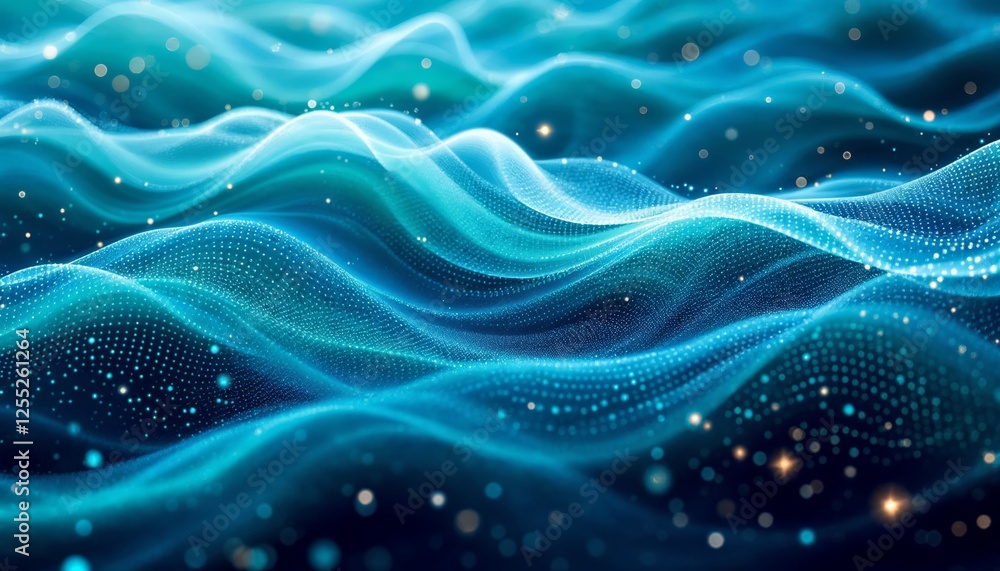 Poster luminous turquoise waves with sparkling particles in a fluidic motion art