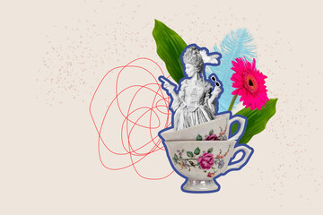 Creative sketch collage of amazed vistorian queen show coffee cup beverage gerbera flower duchess...