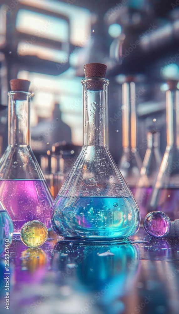 Poster laboratory glassware with colorful solutions, providing copy space for science background