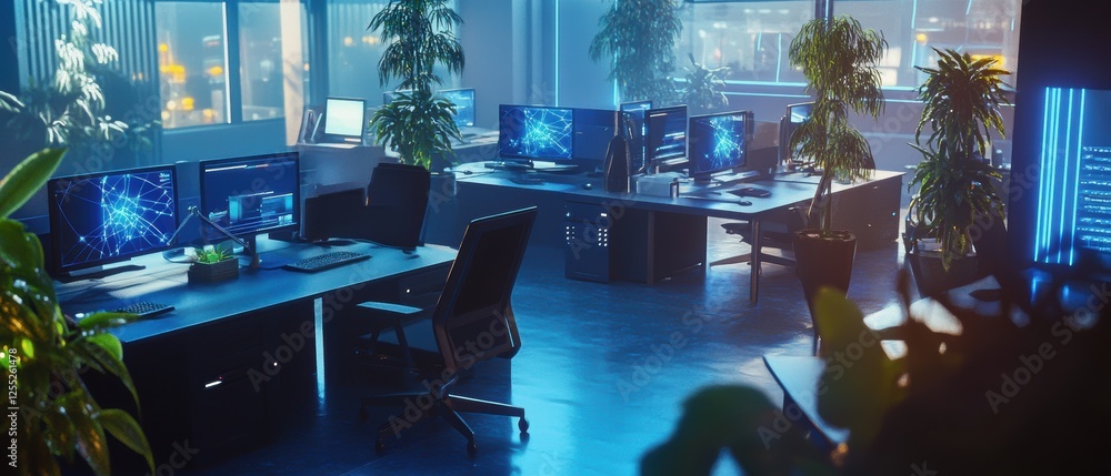 Aufkleber modern office setup featuring multiple computer workstations surrounded by greenery, ideal for tech 
