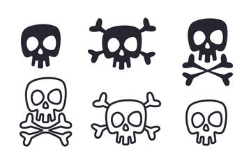 Skulls with crossed bones icon collection. Logotype black silhouette and outline isolated. Skeletons emblems and creepy badges. Undead spooky monochrome logo. Halloween sticker. Vector set