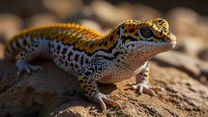 Obraz premium Vibrant Leopard Gecko on Rocky Terrain: A Close-Up of Nature's Colorful Reptile