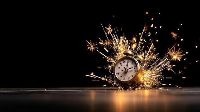 Exploding Clock With Fireworks At New Year's Eve
