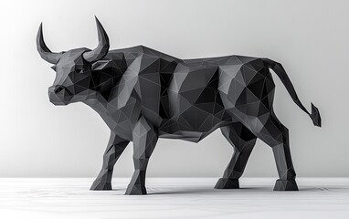 Obraz premium 3D Polygonal Black Bull Sculpture on Light Grey Background