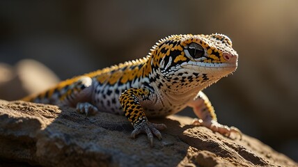 Obraz premium Vibrant Leopard Gecko on Rocky Terrain: A Close-Up of Nature's Colorful Reptile