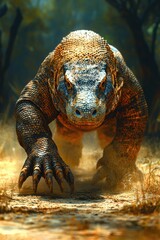 Obraz premium Komodo Dragon Stalking Through Jungle Undergrowth