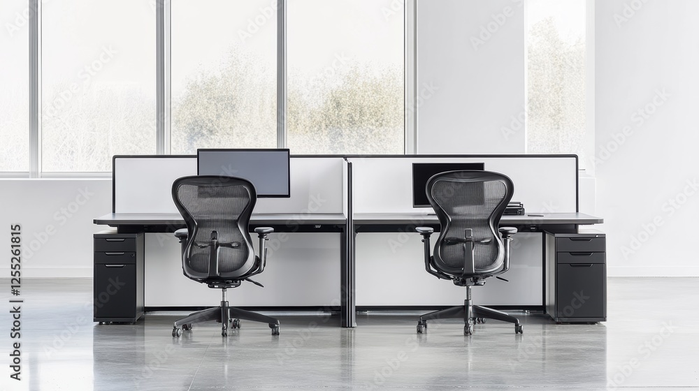 Poster modern office workspace featuring two ergonomic chairs and dual computer desks, designed for product