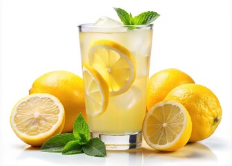 Lemon and mint water with ice in glass isolated on white background