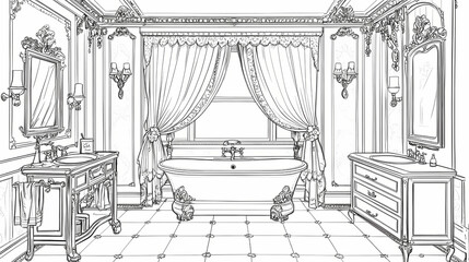 Fototapeta premium A beautiful line art illustration of an elegant Victorian bathroom with a bathtub, vanity, and mirror. This would make a great coloring book page