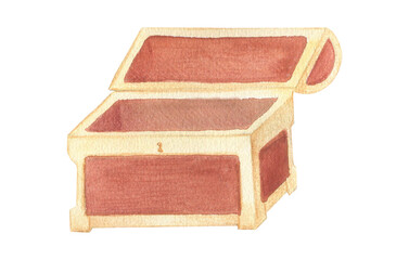 Watercolor illustration of a wooden antique treasure chest. Hand drawn brown and gold chest. Isolated