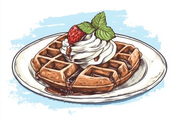 Delicious Waffle with Whipped Cream and Strawberry on Plate
