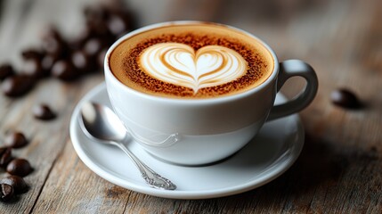 A beautifully crafted latte with heart-shaped foam art on a wooden table (2)
