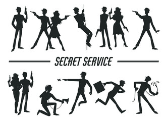 Set of silhouettes of male and female secret service personnel. Isolated decorative elements. Spy man and woman with gun standing and running. Superhero characters. Vector concept