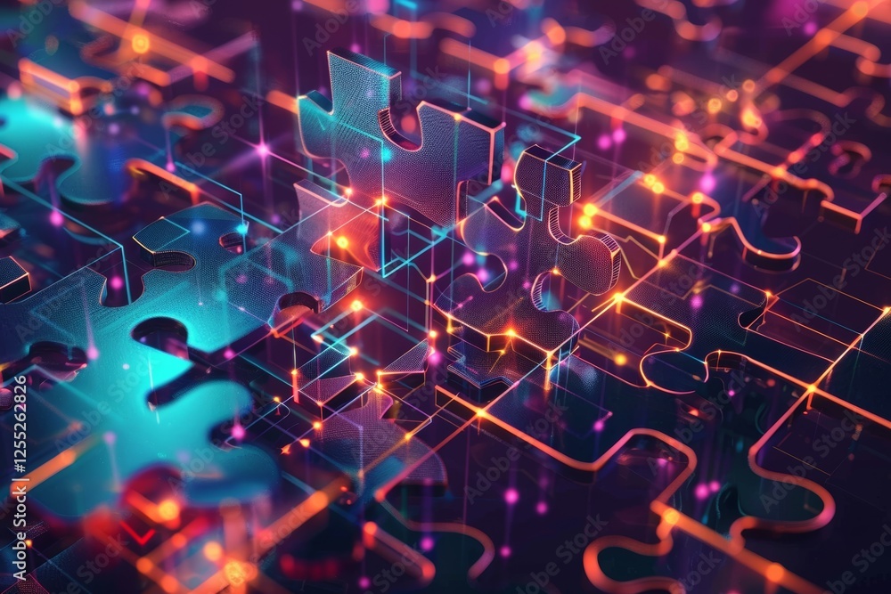 Poster connecting puzzle pieces to form a complex blockchain structure with vibrant colors and a futuristic