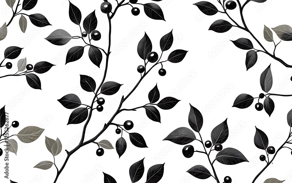 Poster black and grey branches with leaves and berries seamless pattern