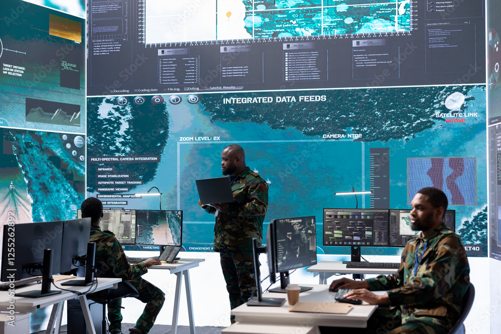 Poster army professionals in a command center oversee satellite data feeds, real time surveillance and inte
