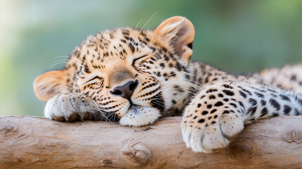 Obraz premium Sleeping leopard cub on branch, nature background, wildlife conservation