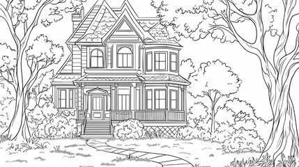 Obraz premium Black and white line art illustration of an old Victorian house with a large front porch surrounded by trees, a coloring book page