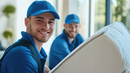 Movers carrying a mattress into a modern home, showcasing teamwork and professionalism in furniture delivery, with bright smiles and efficient service.