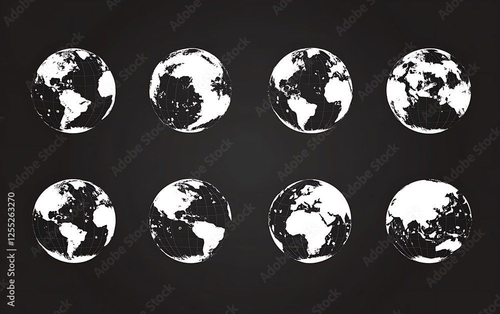 Poster world map globes, various angles, dark background. displaying global perspectives. potential use edu