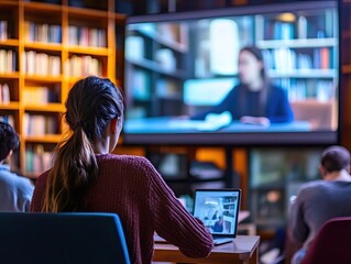 Students attending a video conference in a modern library setting