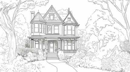 Obraz premium Black and white line art illustration of an old Victorian house with a large front porch surrounded by trees, a coloring book page