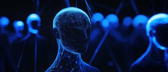 Networked digital avatars representing artificial intelligence in a futuristic environment, exploring themes of technology, virtual reality, and human interaction.