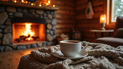 A crackling fireplace in a cozy log cabin, with a soft blanket and a cup of hot cocoa resting on a wooden table nearby