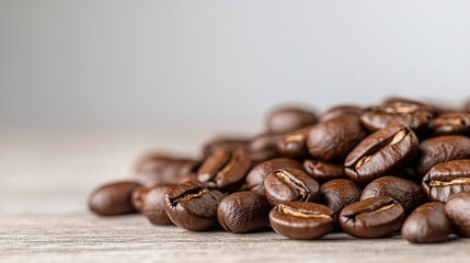 Fototapeta premium Roasted coffee beans on wood, close-up shot. Food background