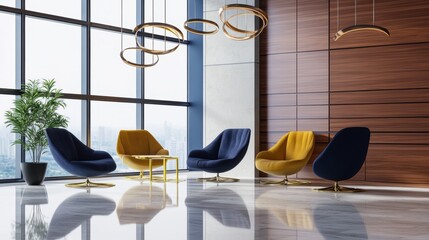 Office interior design featuring modern seating arrangement with stylish chairs and large windows for natural light, creating a bright and inviting workspace atmosphere.
