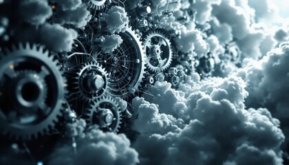 Mechanical dreamscape surreal gears interlock with ethereal clouds