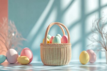 Pastel Easter Basket with Colorful Eggs