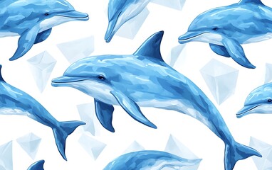 Obraz premium Dolphins swimming, ocean pattern, underwater design, fabric print