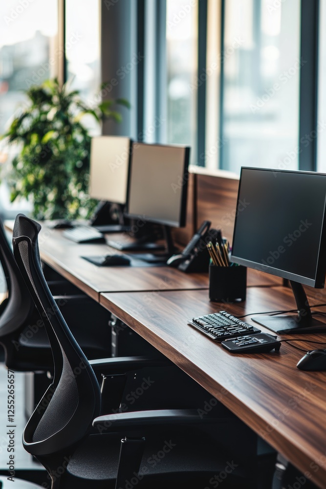 Poster office workspace with modern desks and computers, featuring a stylish design and a touch of greenery