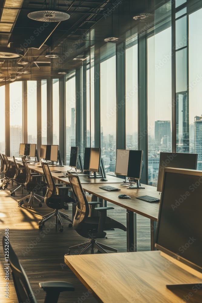 Poster office workspace with modern desks and computers illuminated by sunlight, showcasing a professional 